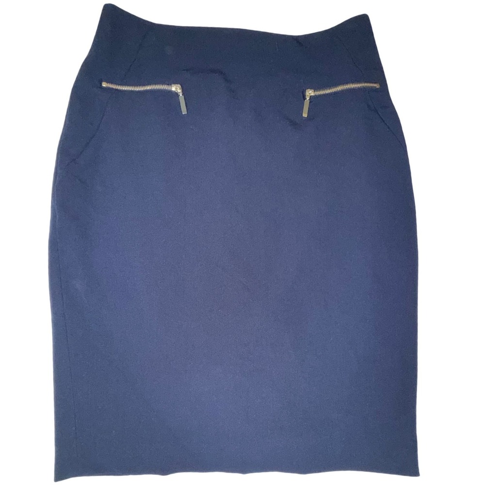 Tommy Hilfiger Navy Pencil Skirt Womens 2 Gold Zip Pockets Lined Stretch